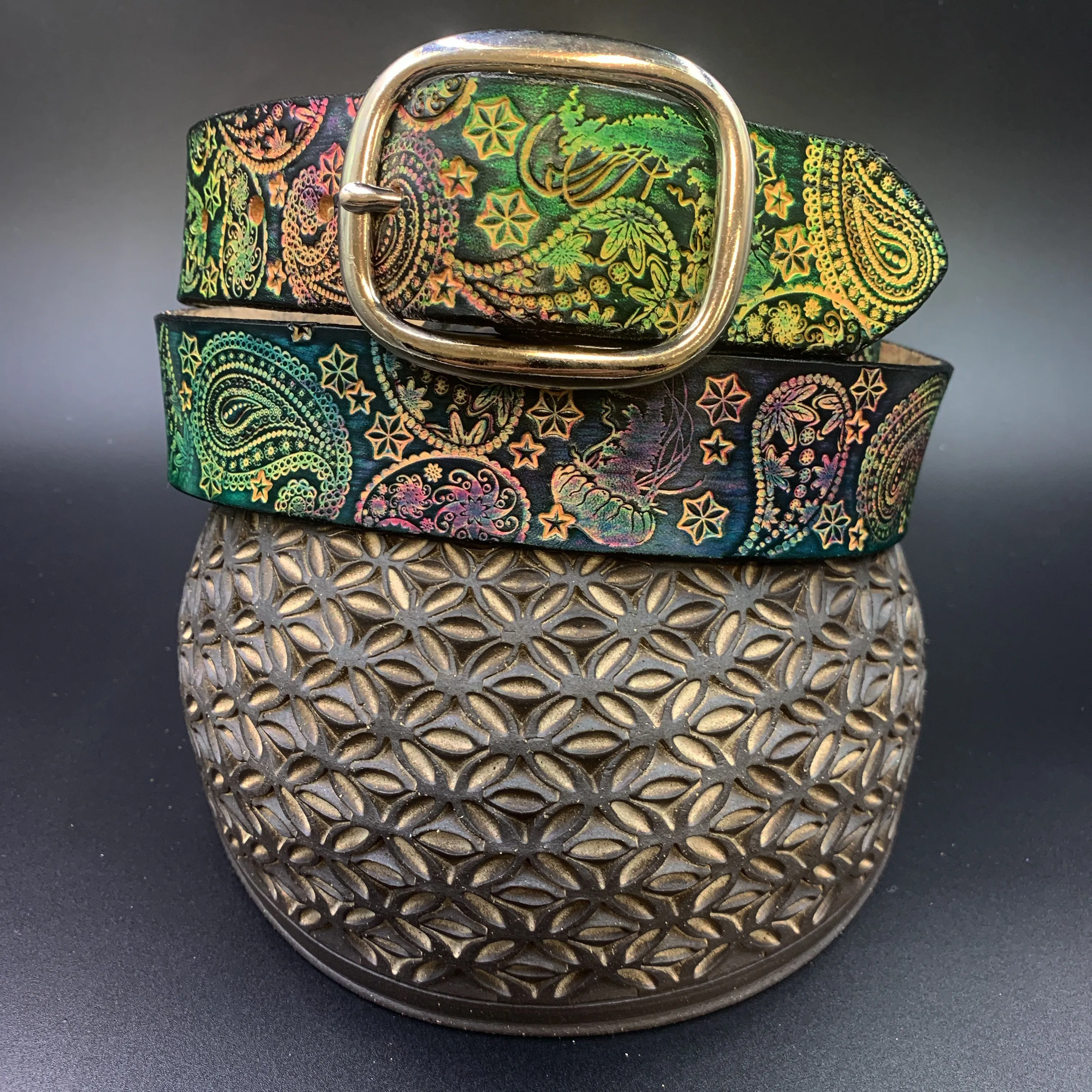 Stamped Leather Belt - Paisley