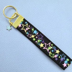 Stars on Black with Glitter on Gold Key Chain Fob with Enameled Star cmCharm