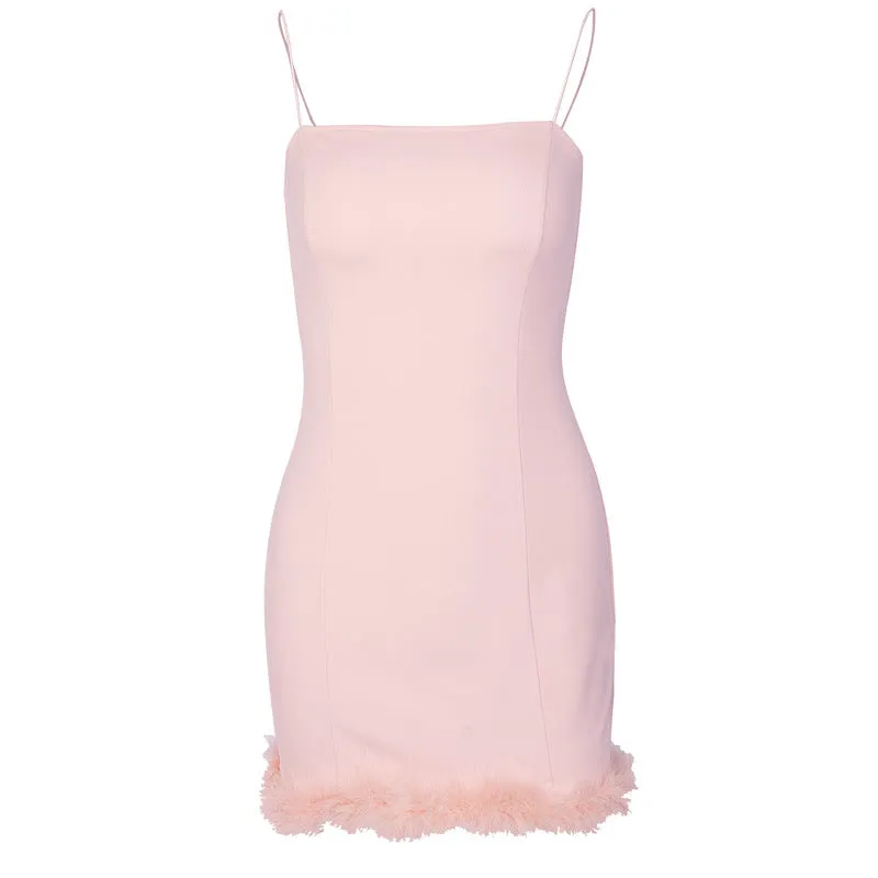 Strappy Sling Furry Party Bodycon Mini Dresses Black