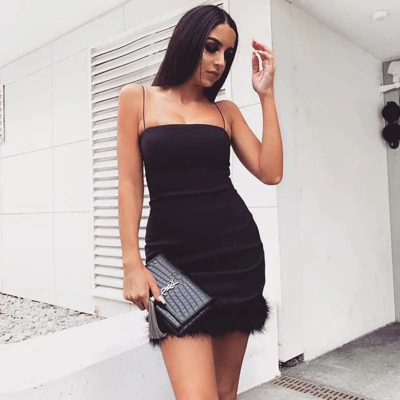 Strappy Sling Furry Party Bodycon Mini Dresses Black