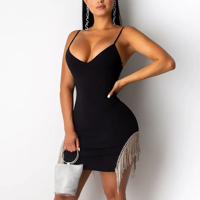 Summer Women's Casual Sling Hem Tassel Stitching Sexy Dress on Both Sides