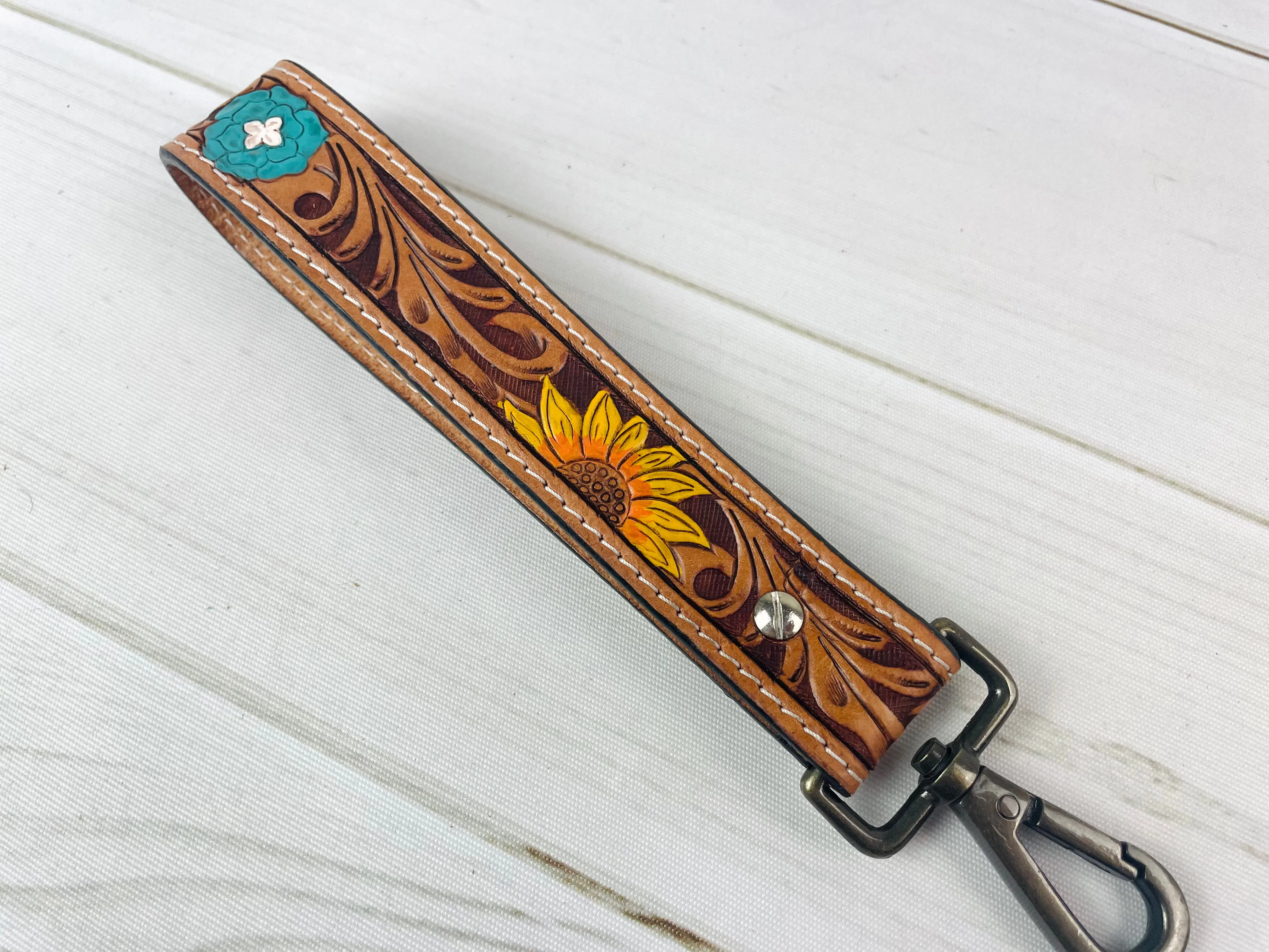 Sunflower Turquoise Flower Tooled Wristlet Leather Keychain