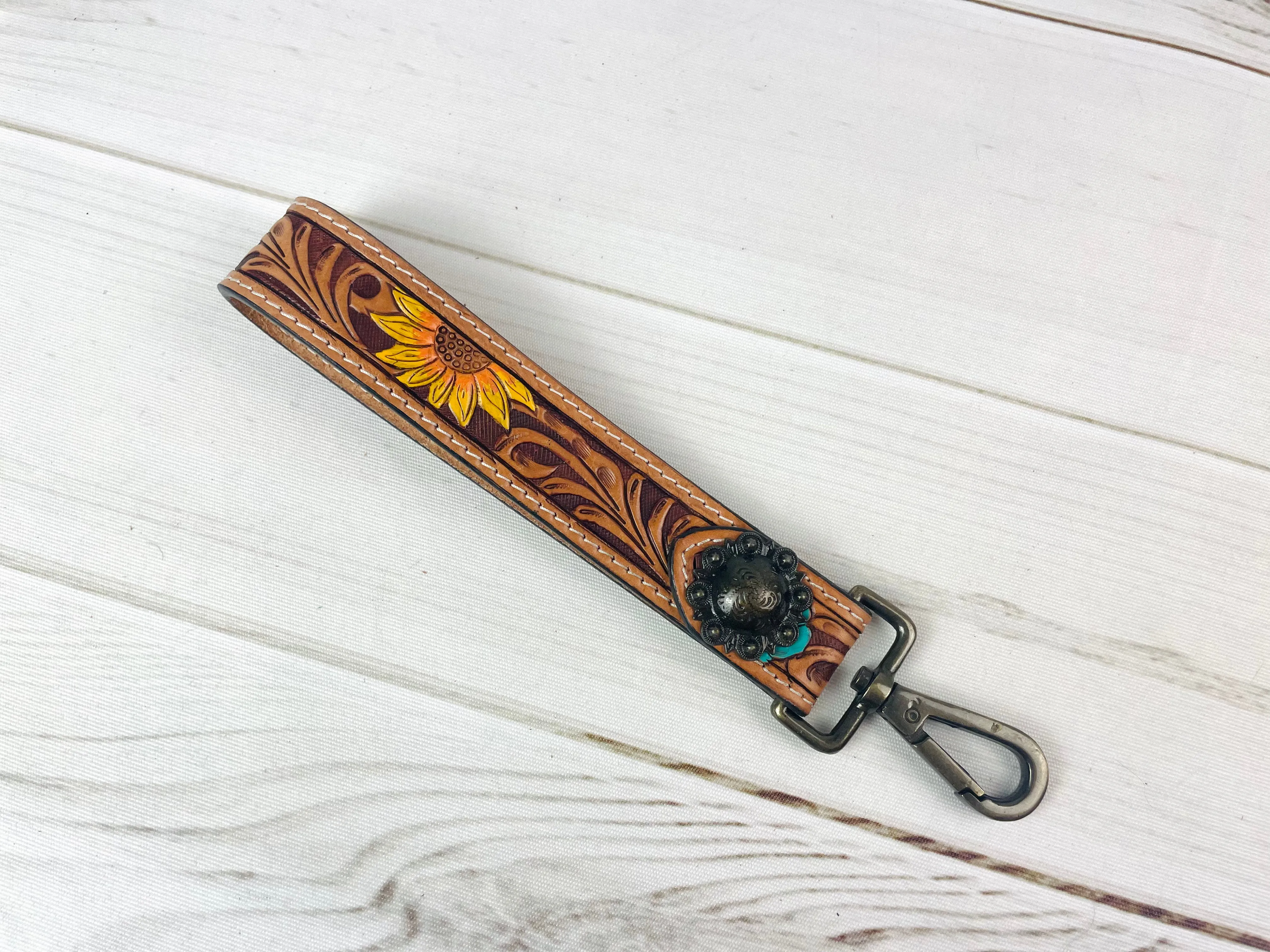 Sunflower Turquoise Flower Tooled Wristlet Leather Keychain