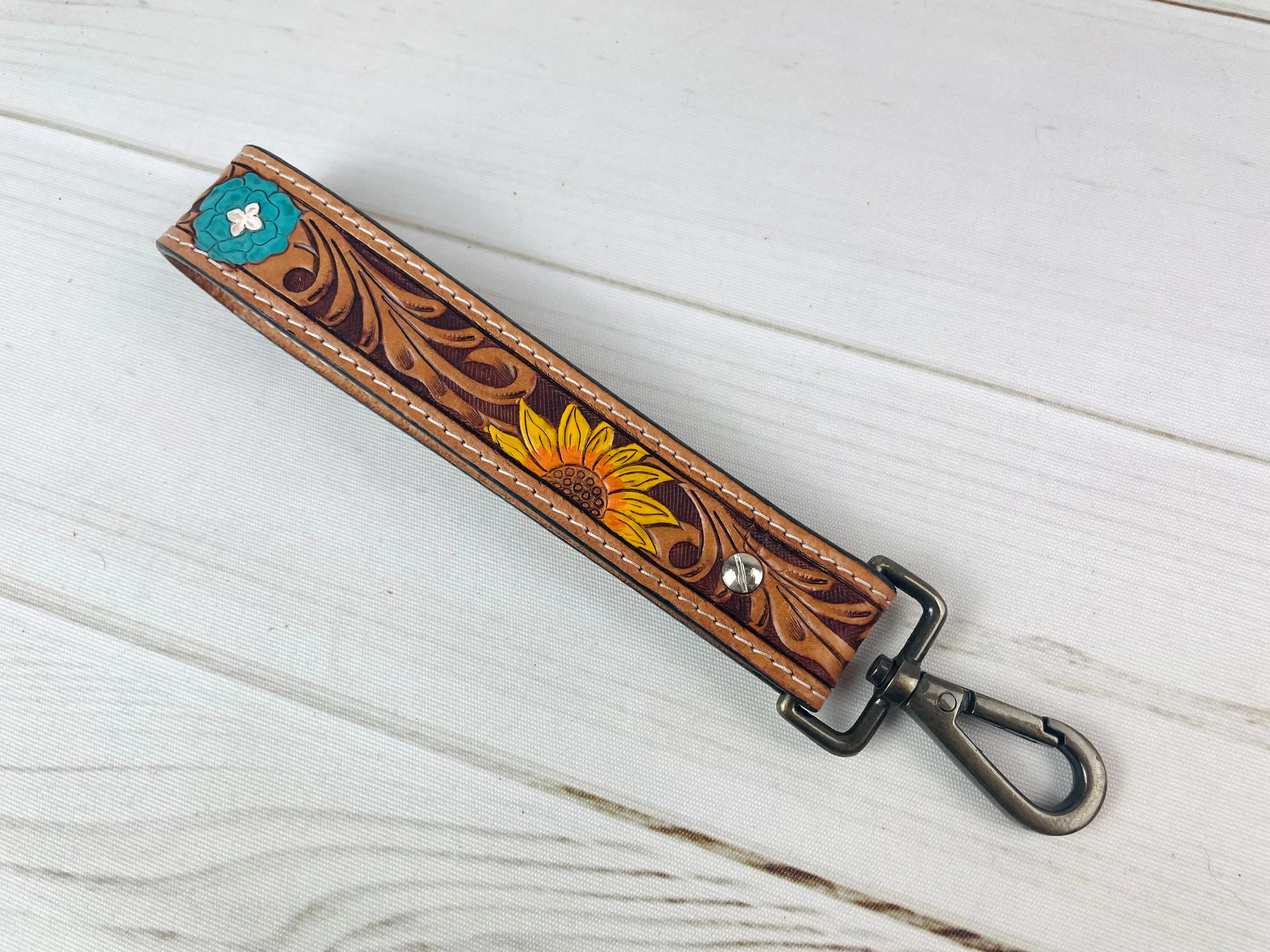 Sunflower Turquoise Flower Tooled Wristlet Leather Keychain