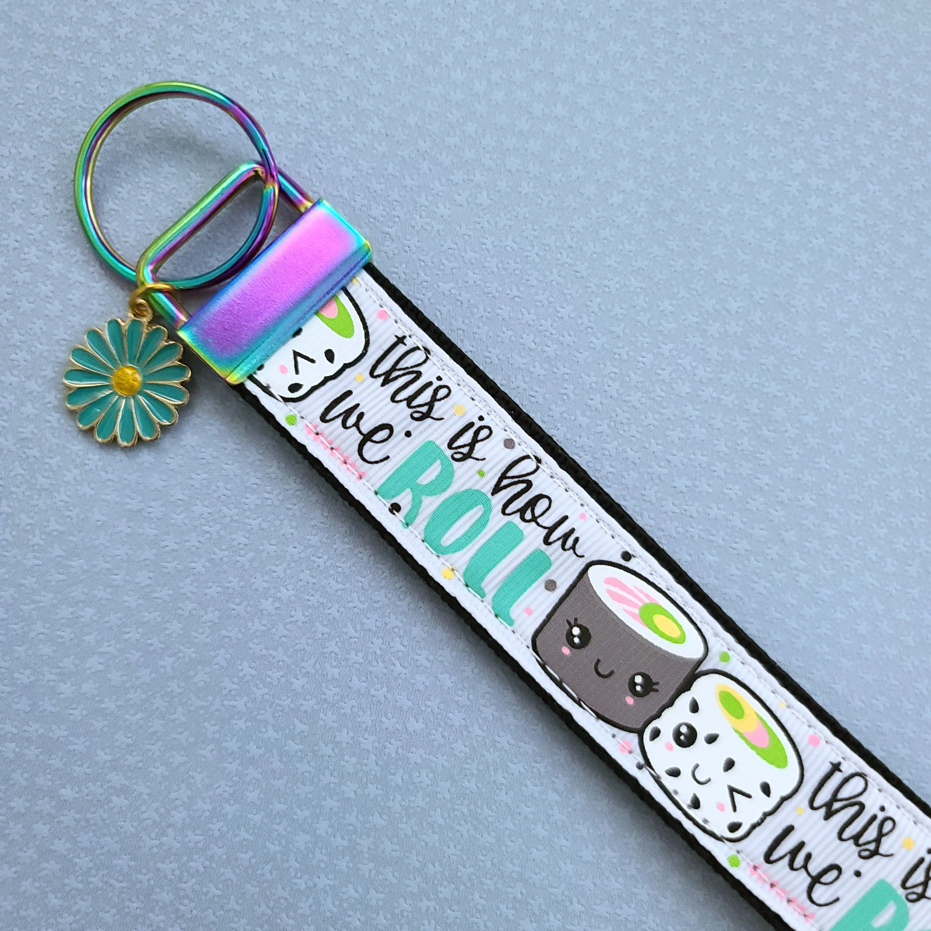 Sushi "This is How I Roll" Gold Key Chain Fob with Enameled Sakura Charm
