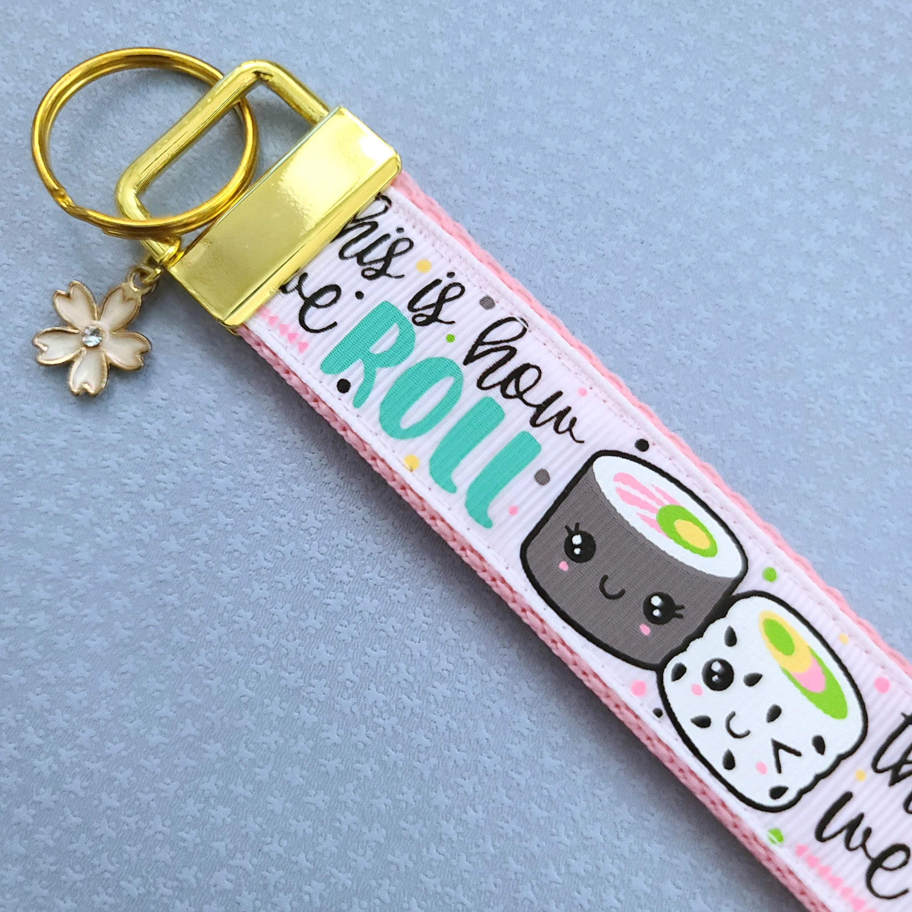 Sushi "This is How I Roll" Gold Key Chain Fob with Enameled Sakura Charm