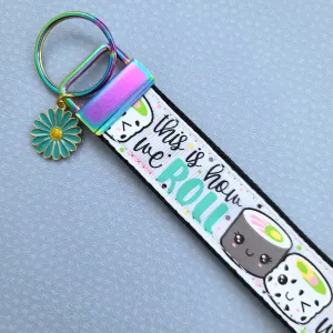 Sushi "This is How I Roll" Gold Key Chain Fob with Enameled Sakura Charm