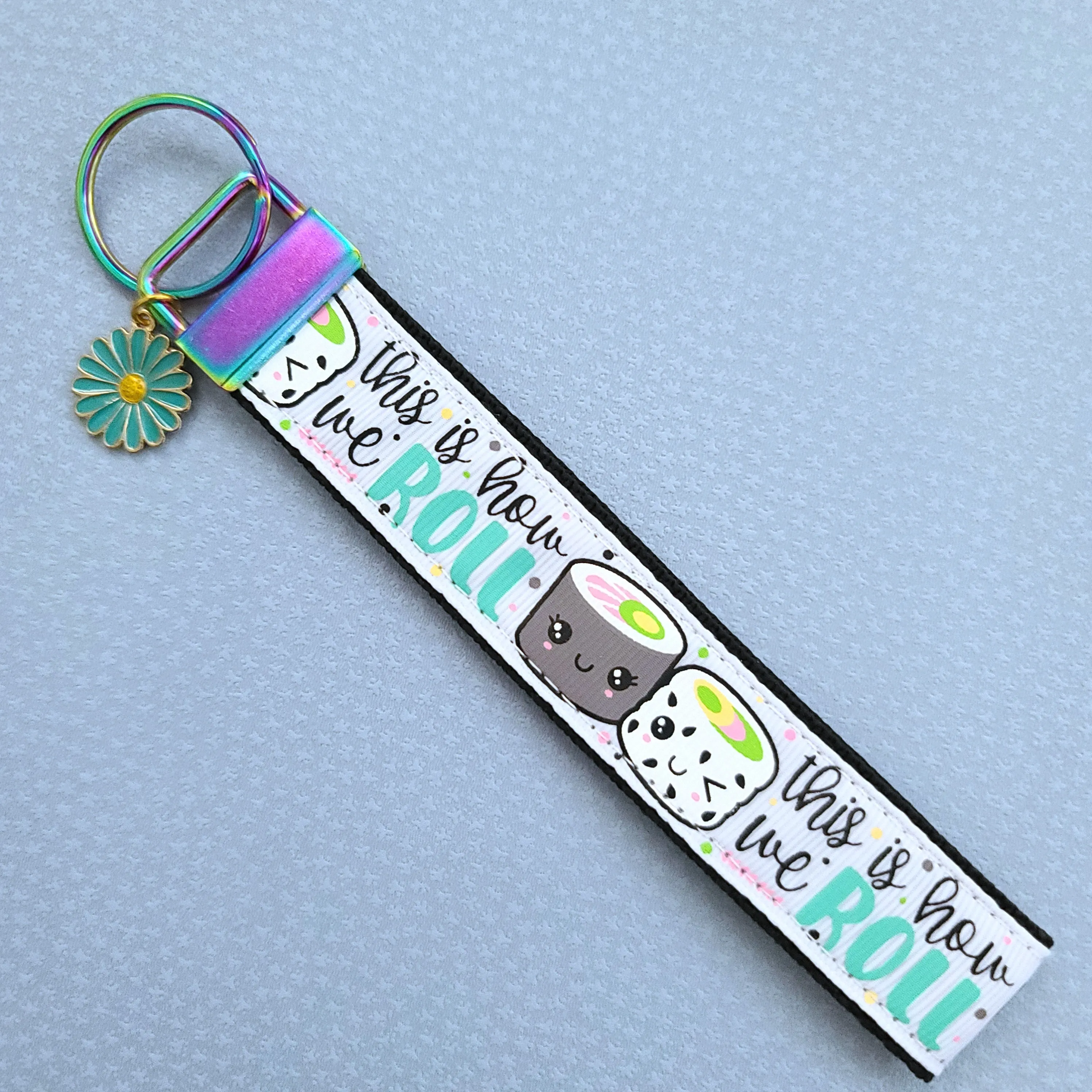 Sushi "This is How I Roll" Gold Key Chain Fob with Enameled Sakura Charm