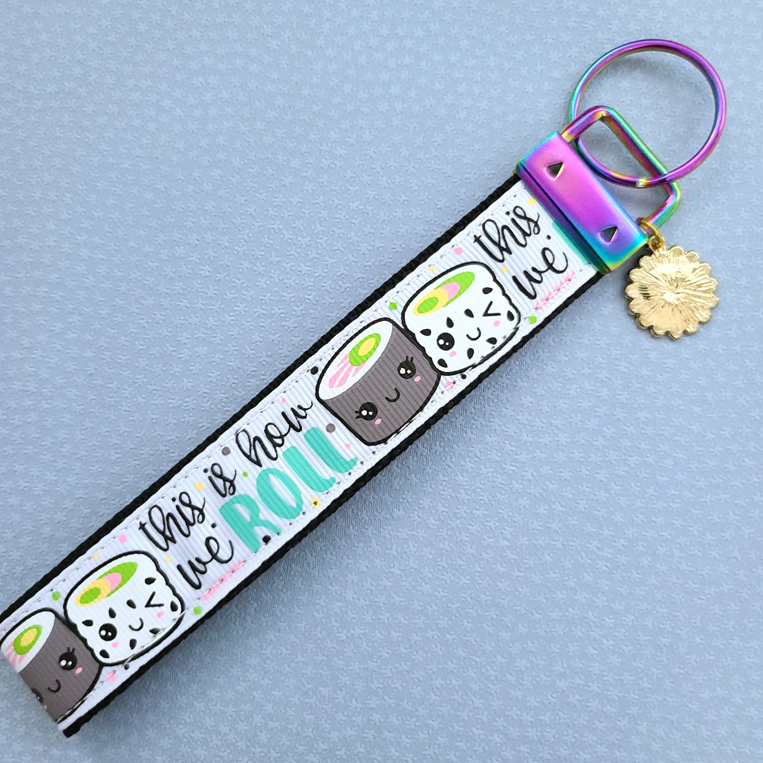 Sushi "This is How I Roll" Gold Key Chain Fob with Enameled Sakura Charm