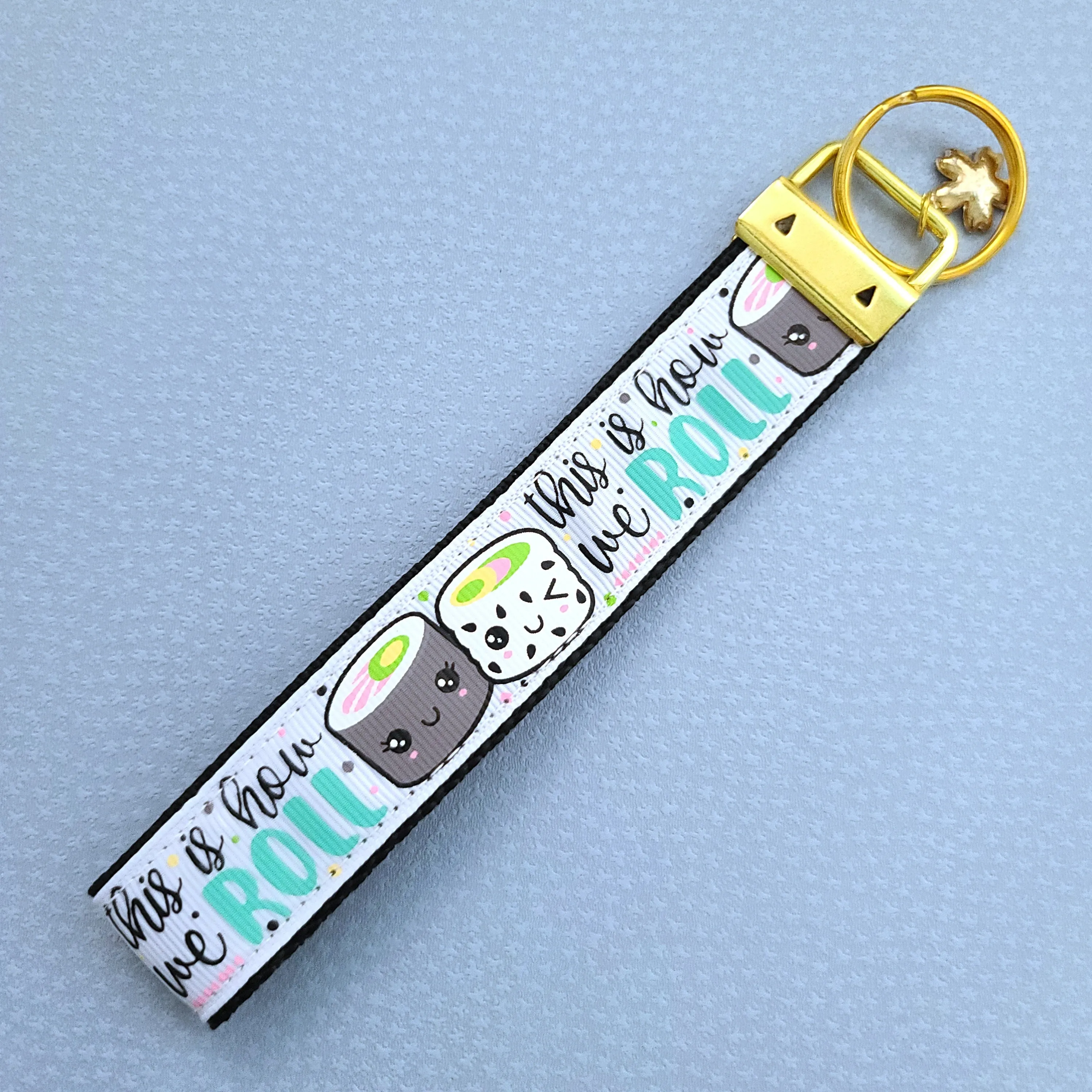 Sushi "This is How I Roll" Gold Key Chain Fob with Enameled Sakura Charm