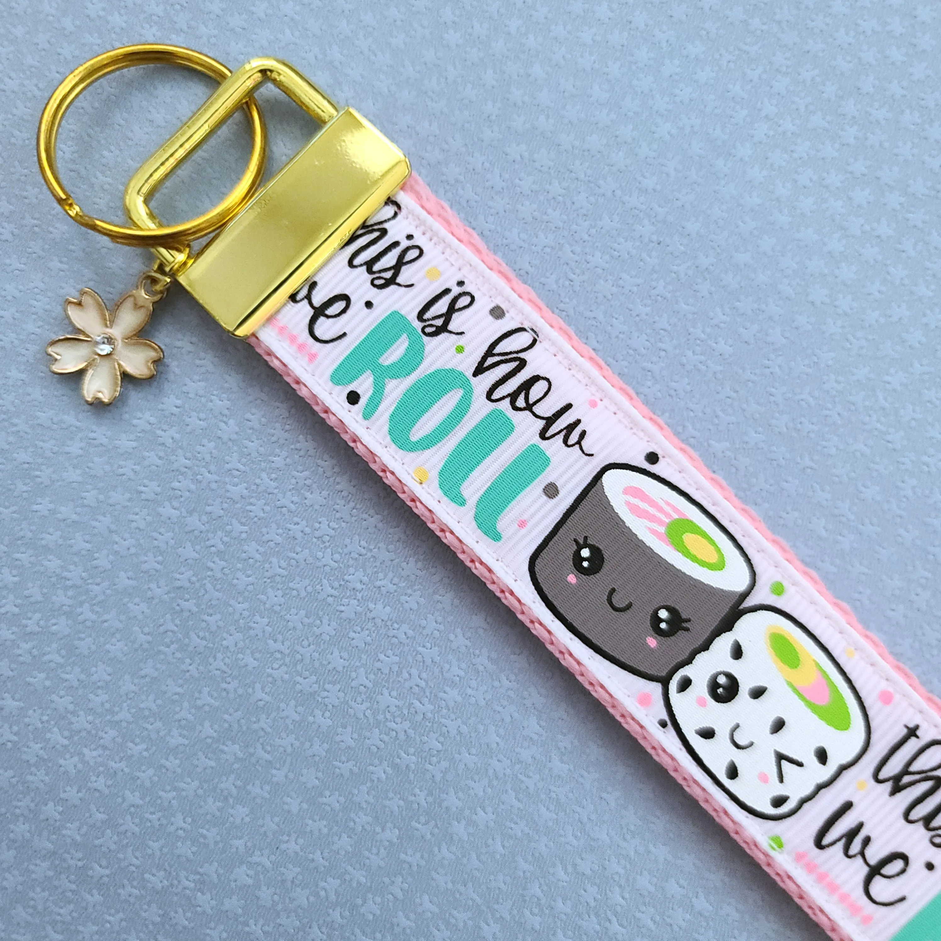 Sushi "This is How I Roll" Gold Key Chain Fob with Enameled Sakura Charm