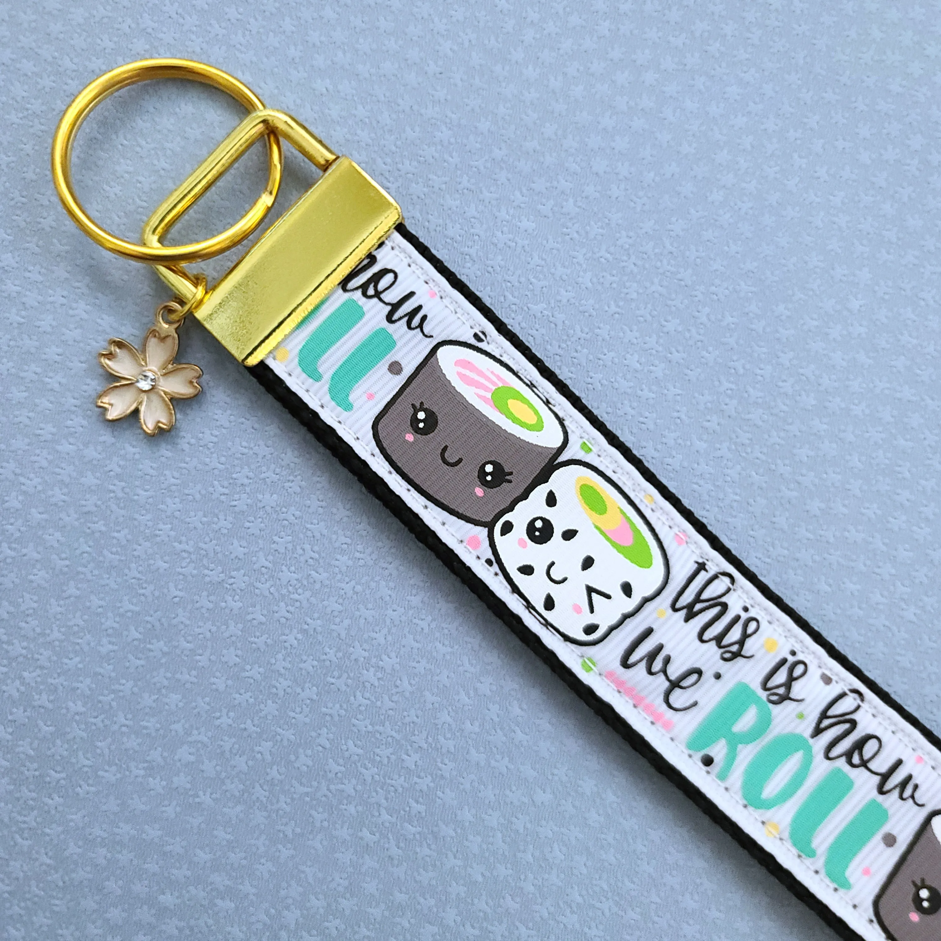 Sushi "This is How I Roll" Gold Key Chain Fob with Enameled Sakura Charm