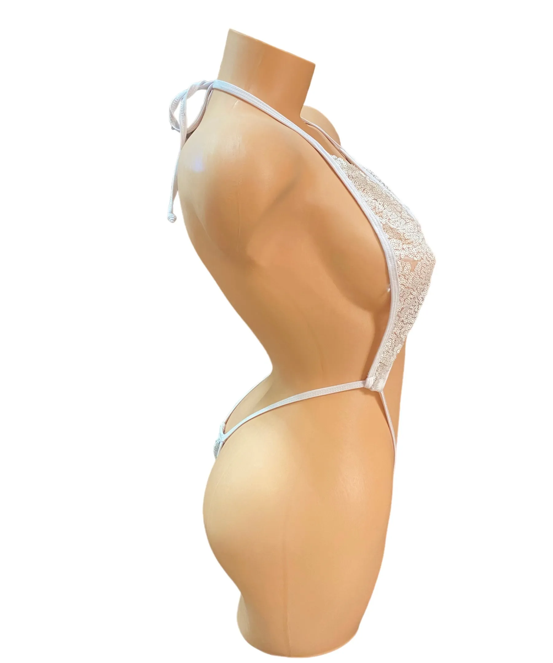SW OS WHITE SEQUINS HIGH CUT THONG SLING SHOT OP
