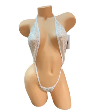 SW OS WHITE SEQUINS HIGH CUT THONG SLING SHOT OP