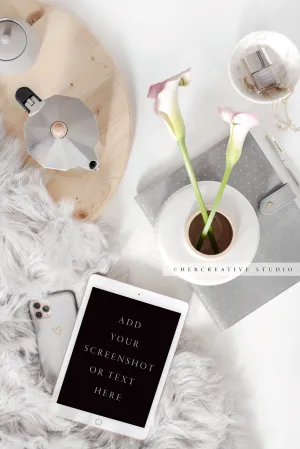Tablet, Faux Fur and Calla Lilly Workspace. Stock Image