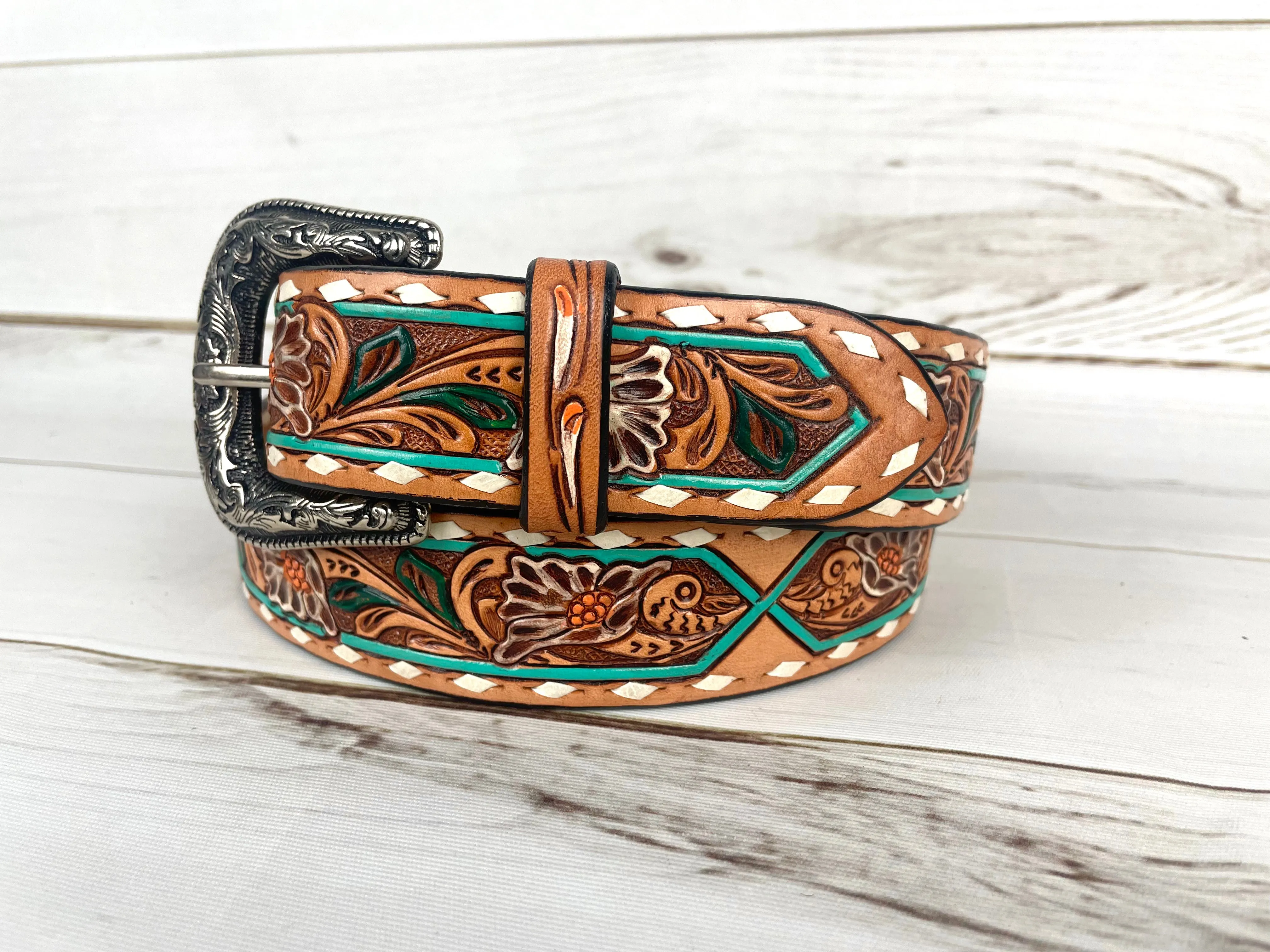 Teal Border Flower Painted and Tooled Leather Woman’s Belt
