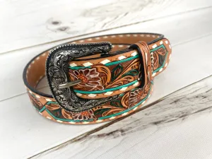 Teal Border Flower Painted and Tooled Leather Woman’s Belt