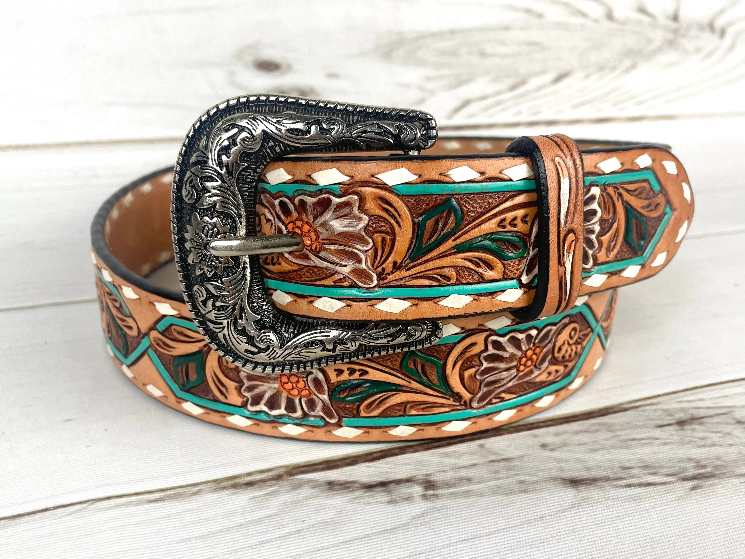 Teal Border Flower Painted and Tooled Leather Woman’s Belt