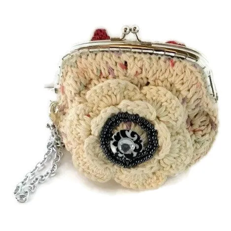 The cream rose coin purse, beige cotton, wristlet, handmade purse
