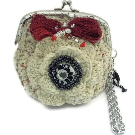 The cream rose coin purse, beige cotton, wristlet, handmade purse