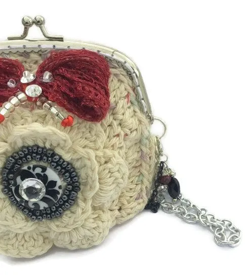 The cream rose coin purse, beige cotton, wristlet, handmade purse