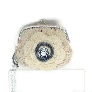 The cream rose coin purse, beige cotton, wristlet, handmade purse