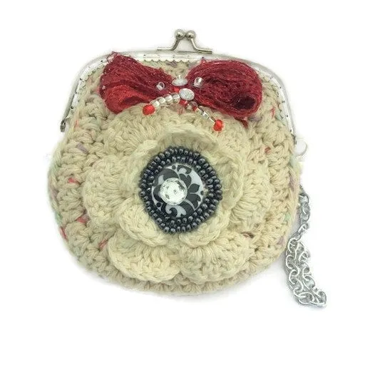The cream rose coin purse, beige cotton, wristlet, handmade purse