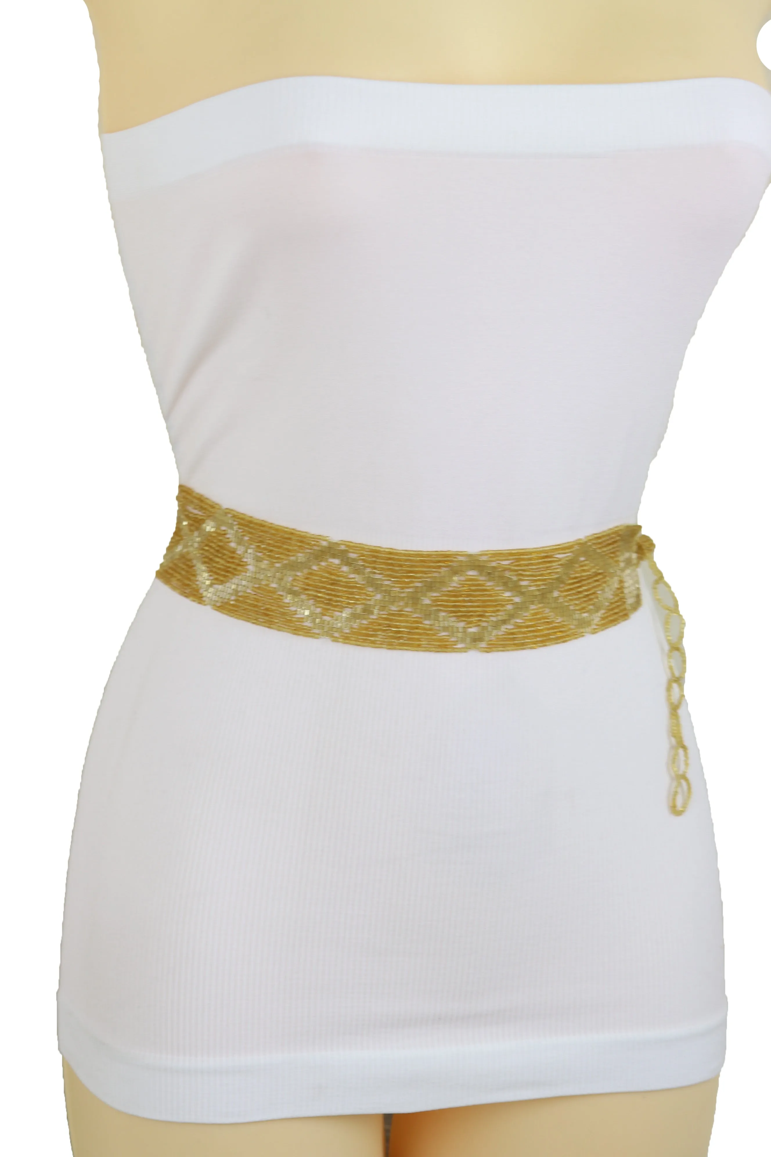 Tie Fashion Belt Yellow Gold Beads Wrap Around Hip High Waist Size M L