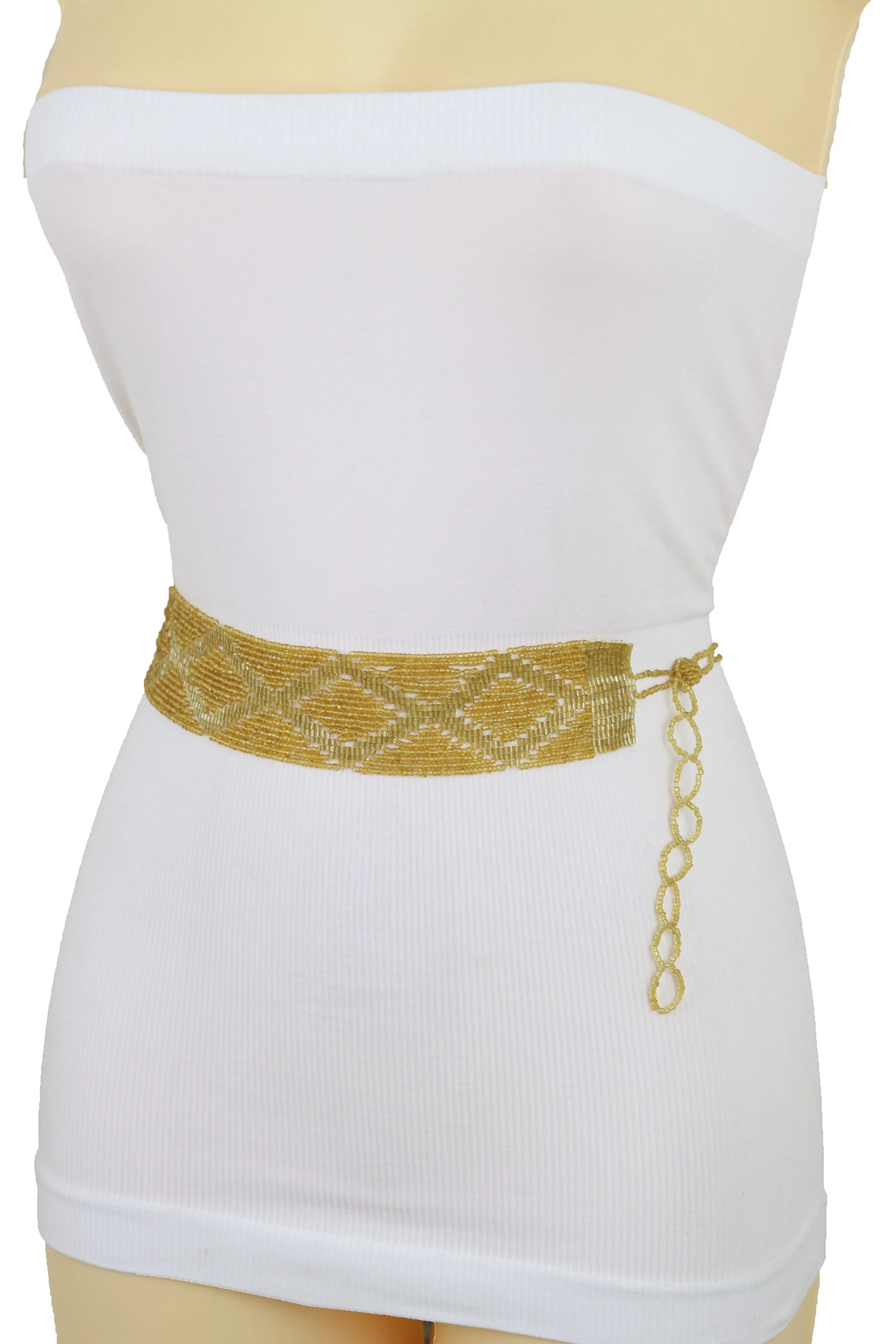 Tie Fashion Belt Yellow Gold Beads Wrap Around Hip High Waist Size M L