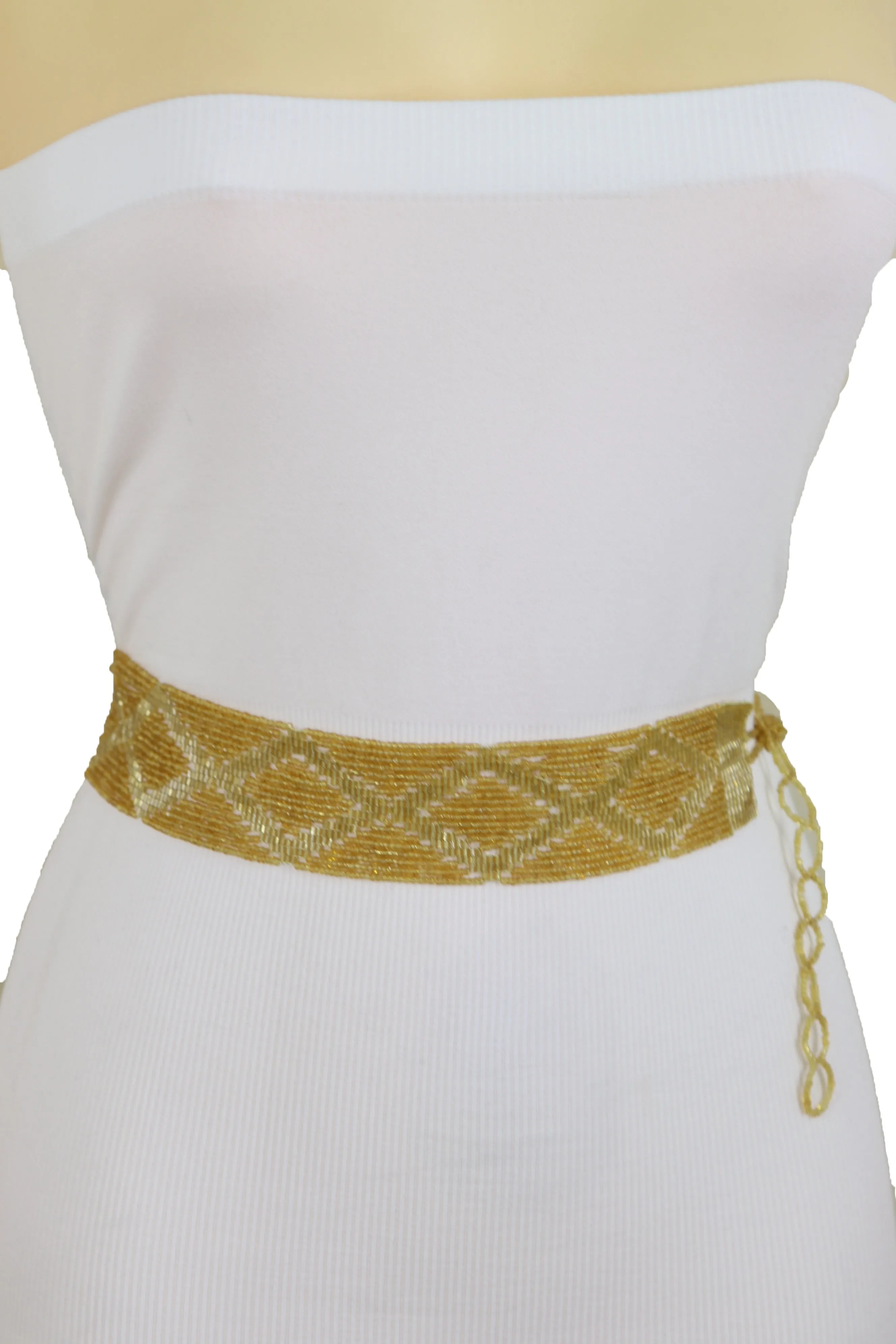 Tie Fashion Belt Yellow Gold Beads Wrap Around Hip High Waist Size M L