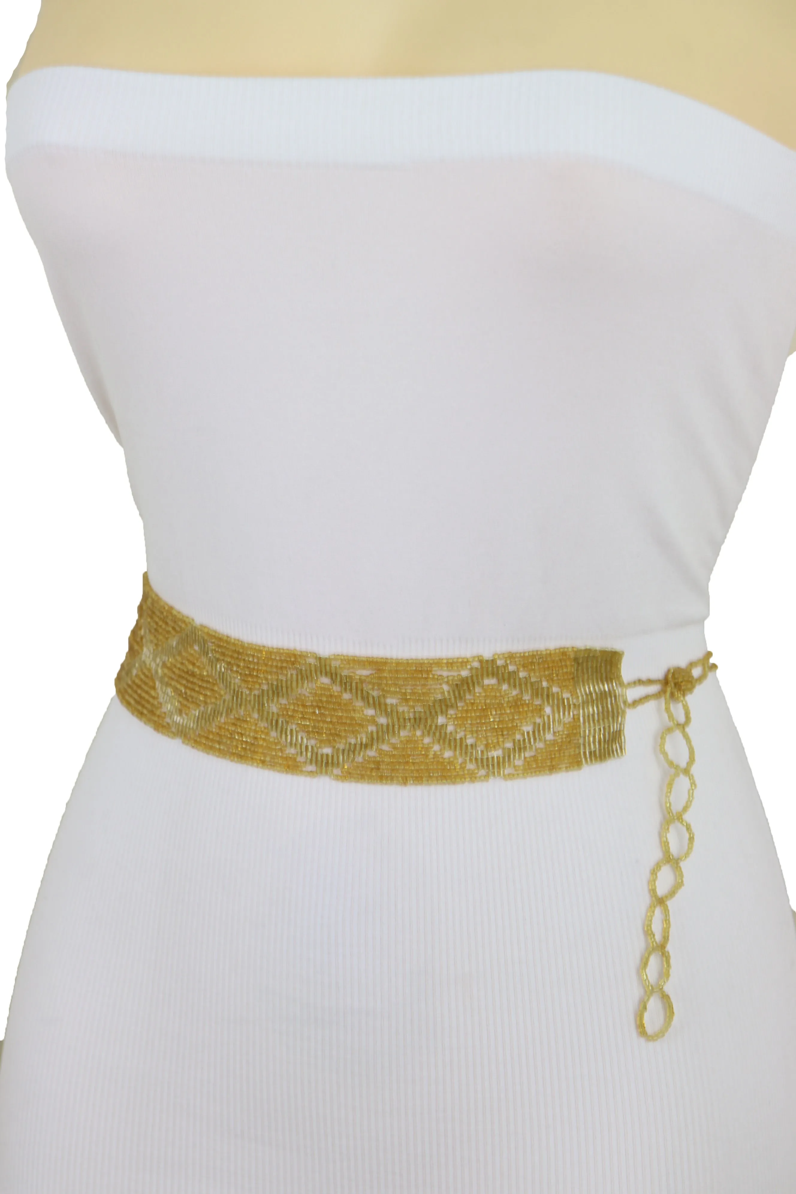 Tie Fashion Belt Yellow Gold Beads Wrap Around Hip High Waist Size M L
