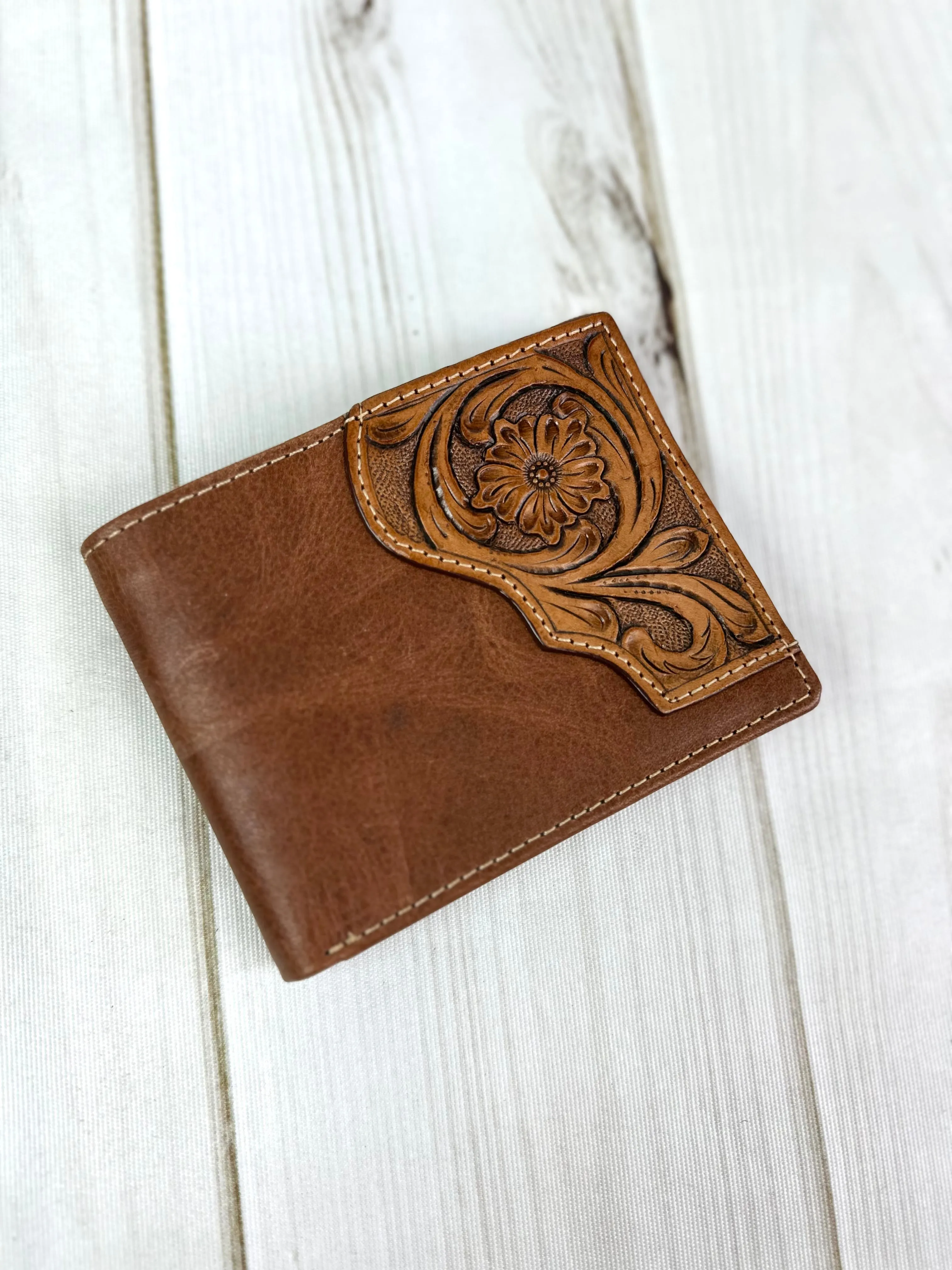 Tooled Leather Swatch Bi-Fold Western Wallet