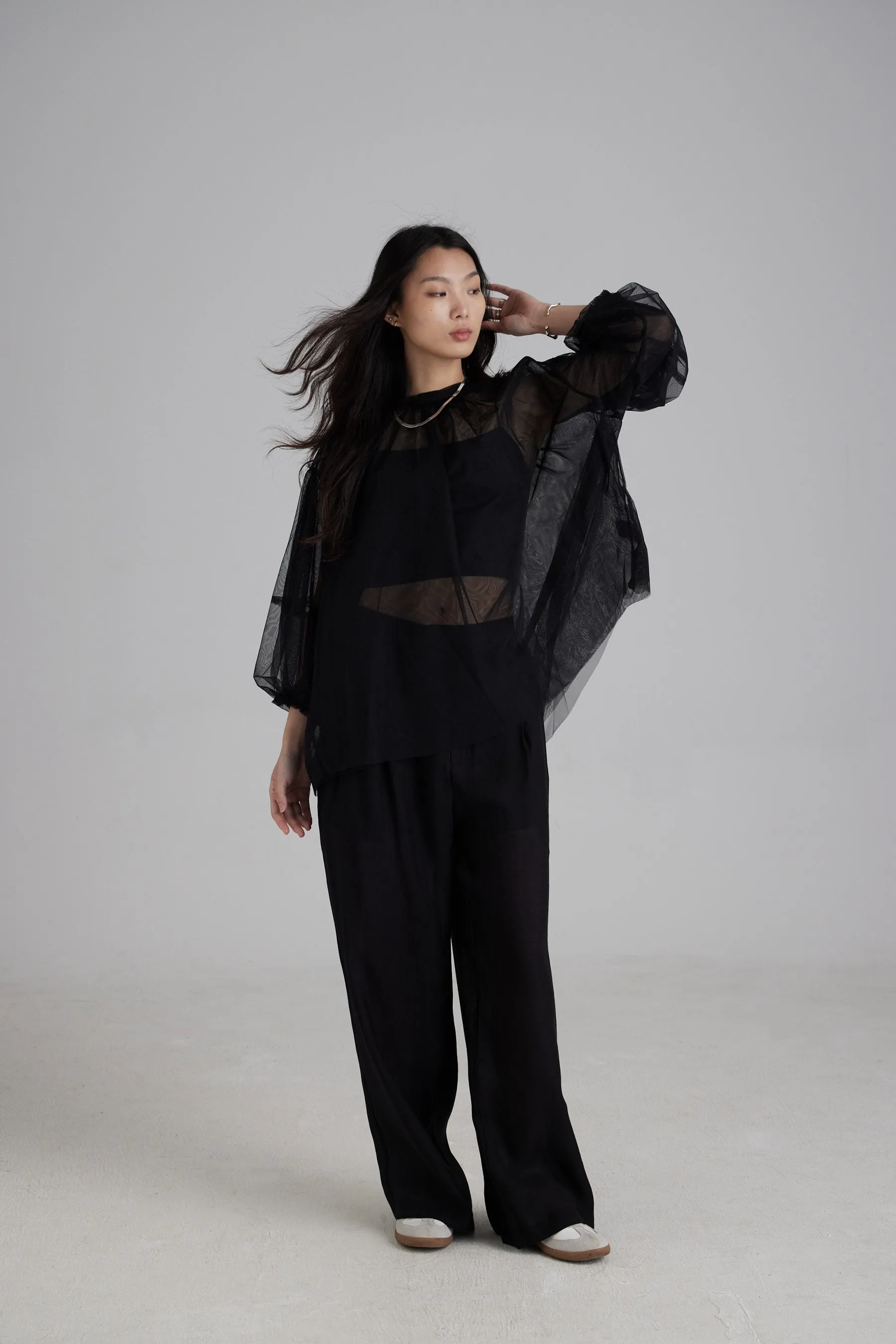 TR2419 Mesh Puff Sleeve Top