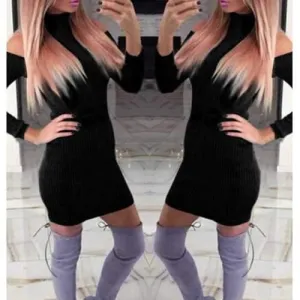 Trendy Turtleneck Long Sleeve Hollow Out Sweater Dress For Women - Black S