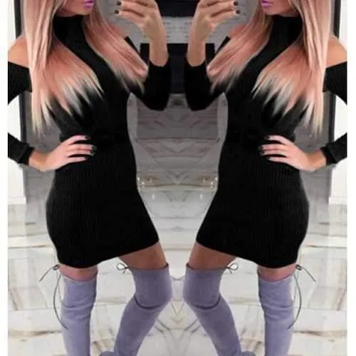 Trendy Turtleneck Long Sleeve Hollow Out Sweater Dress For Women - Black S