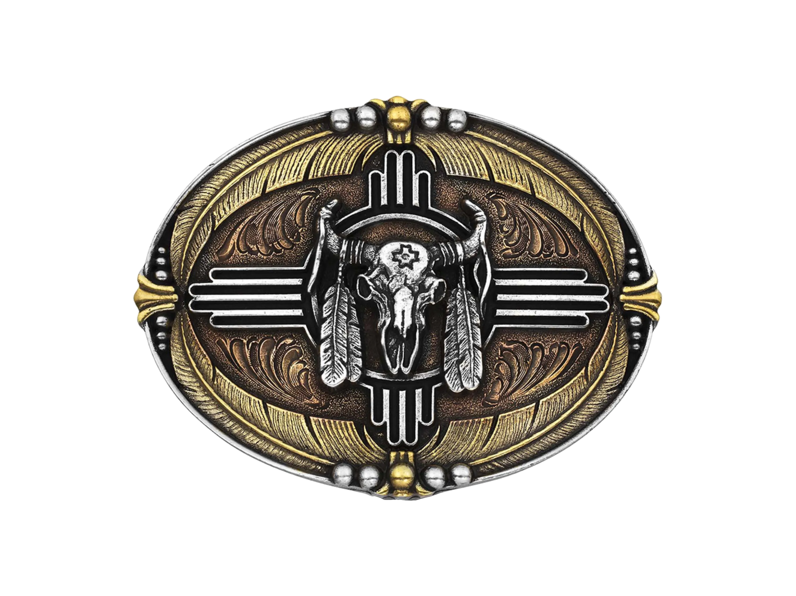 Tri-Color Buffalo Skull & Feather Buckle