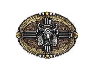Tri-Color Buffalo Skull & Feather Buckle