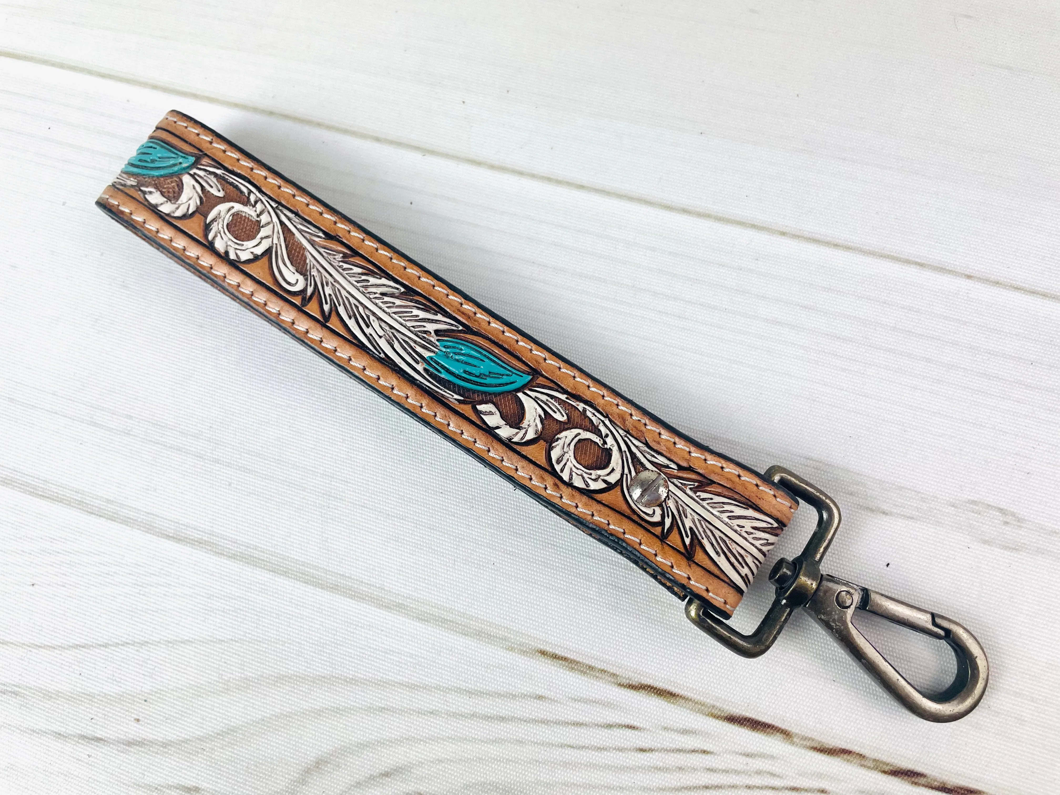 Turquoise & White Feather Tooled Wristlet Leather Keychain