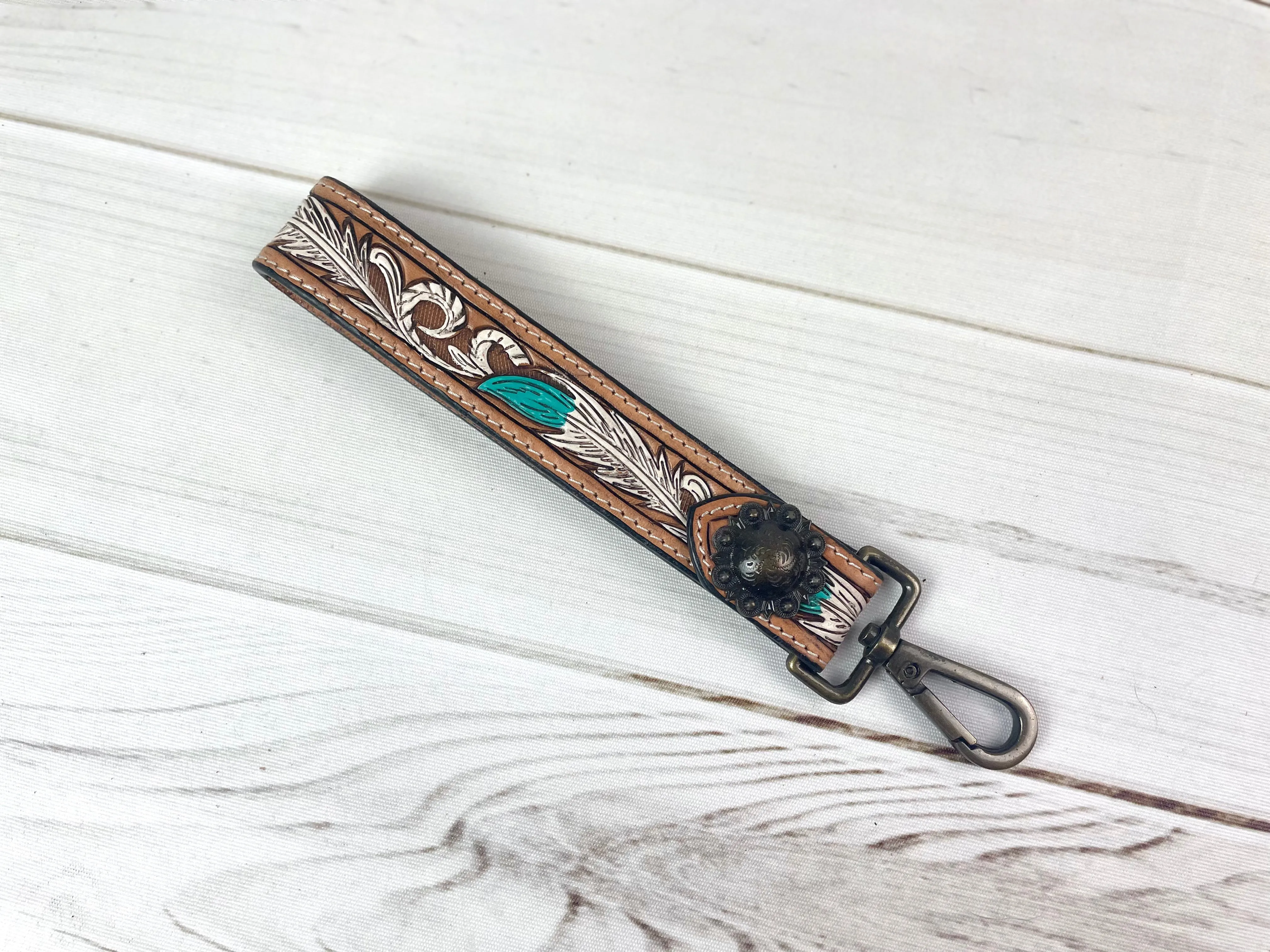Turquoise & White Feather Tooled Wristlet Leather Keychain