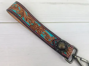 Turquoise Painted Tooled Wristlet Leather Keychain