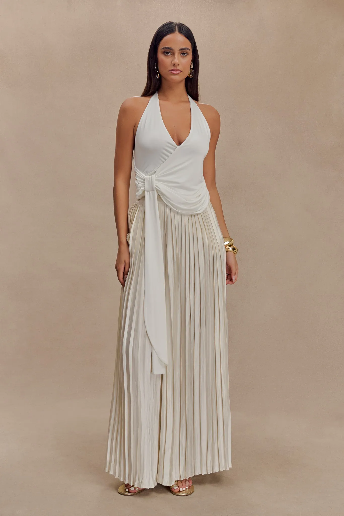Tyla Draped Slinky Halter Top - White