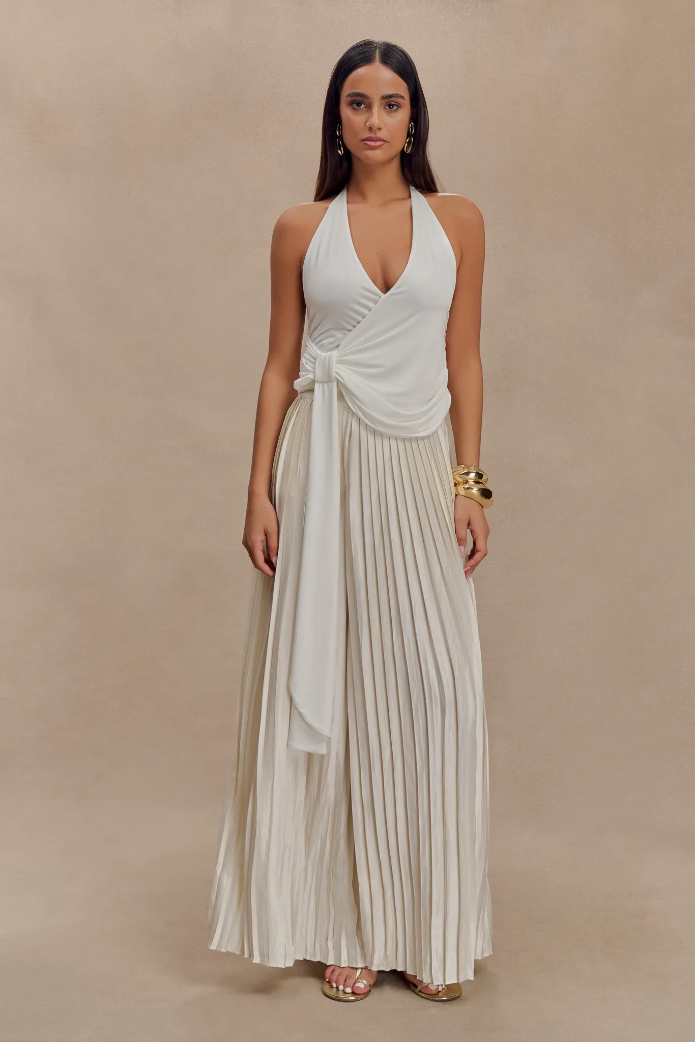 Tyla Draped Slinky Halter Top - White