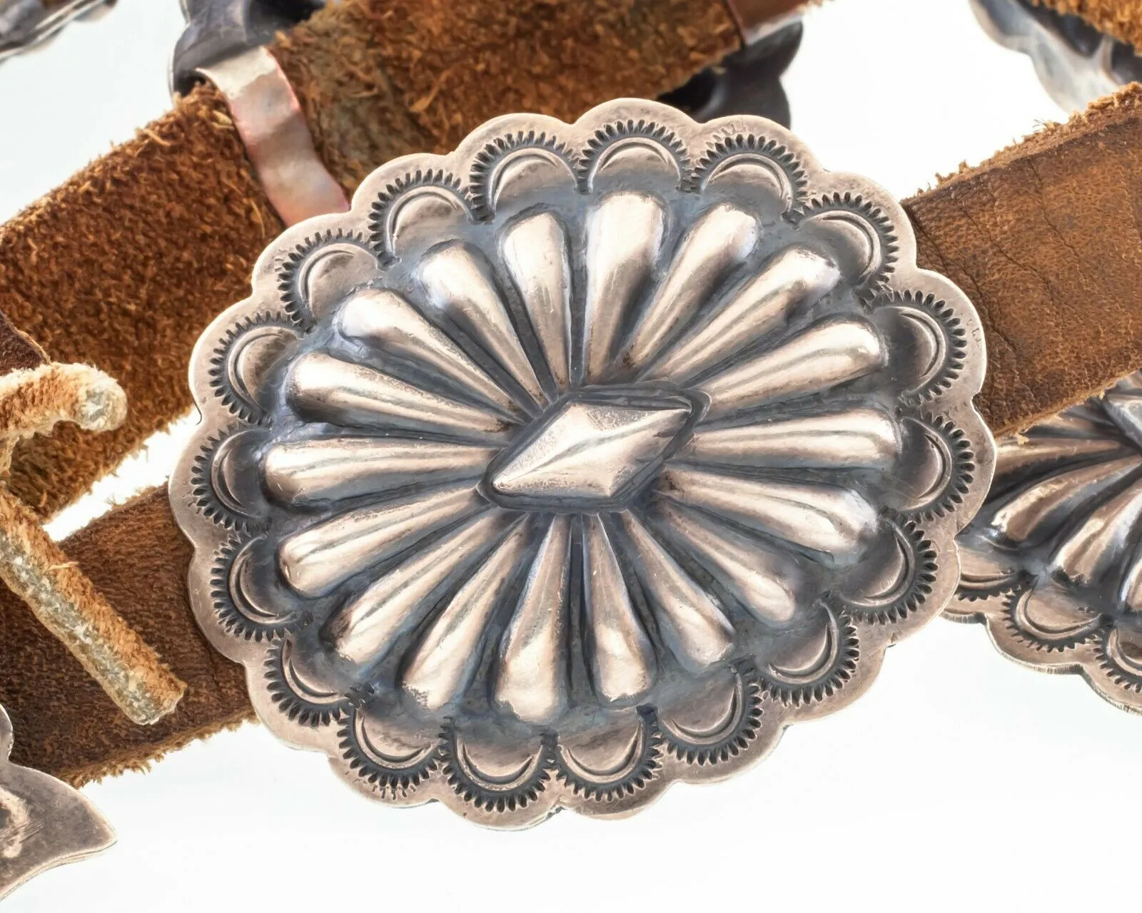 Unsigned Silver Concho Belt w/ 12 Silver Sunburst Elements Nice Patina!