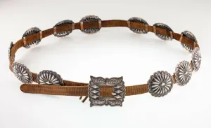 Unsigned Silver Concho Belt w/ 12 Silver Sunburst Elements Nice Patina!