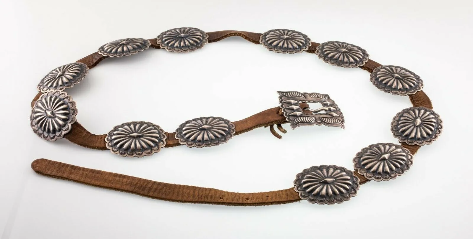 Unsigned Silver Concho Belt w/ 12 Silver Sunburst Elements Nice Patina!
