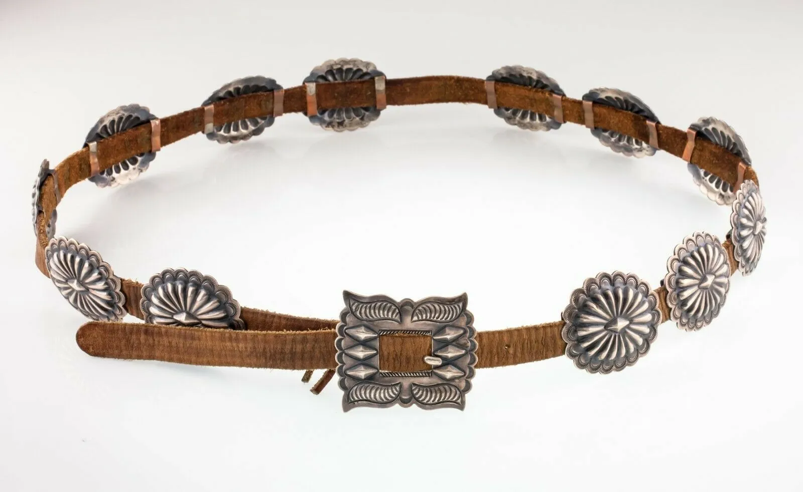 Unsigned Silver Concho Belt w/ 12 Silver Sunburst Elements Nice Patina!