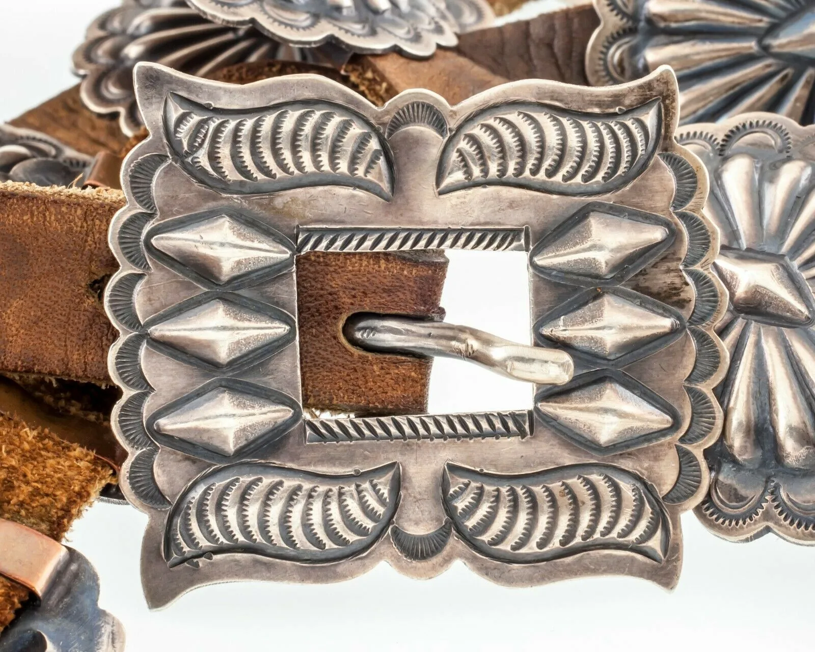 Unsigned Silver Concho Belt w/ 12 Silver Sunburst Elements Nice Patina!