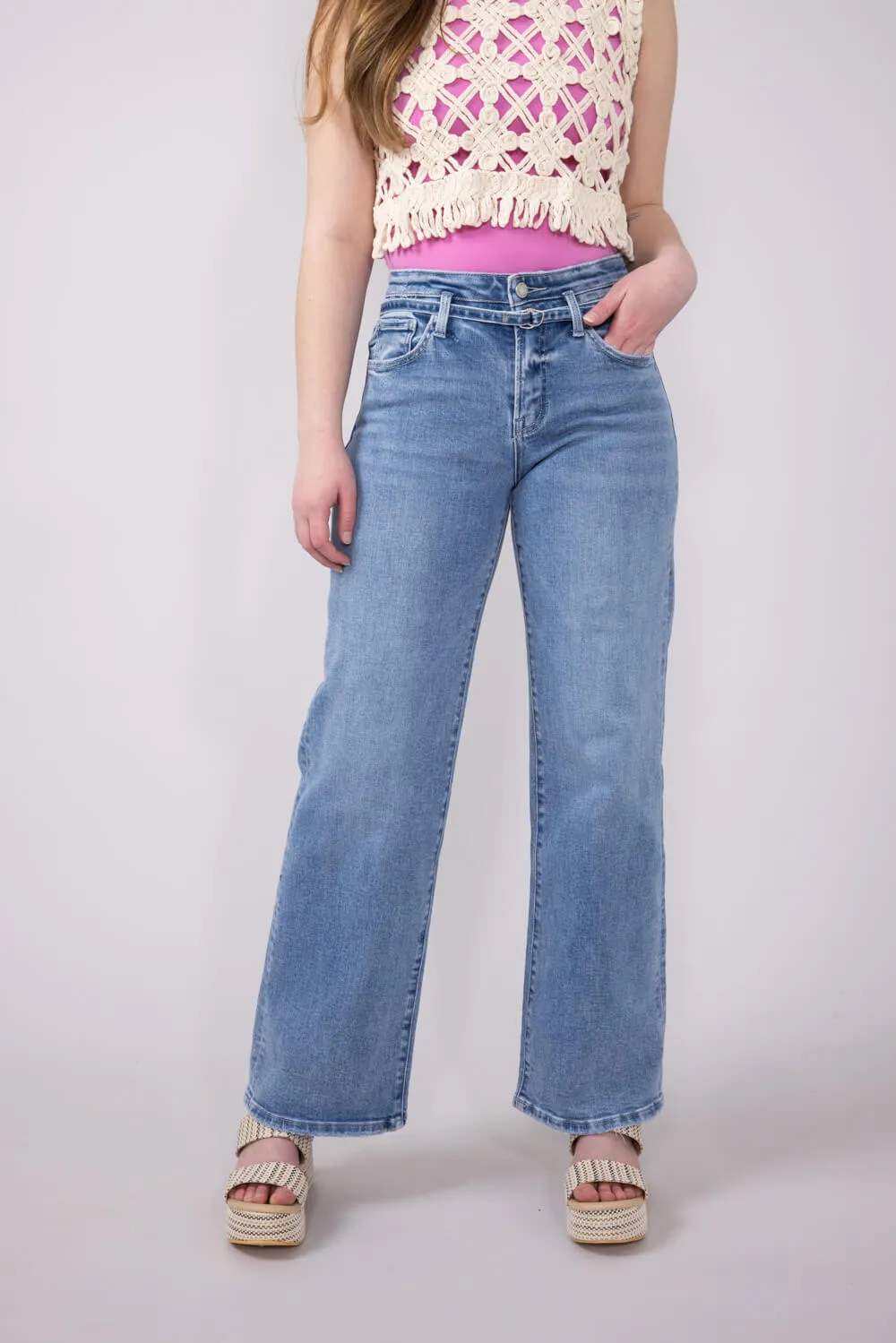 Vervet High Rise Tie Waist Wide Jeans for Women | T6673