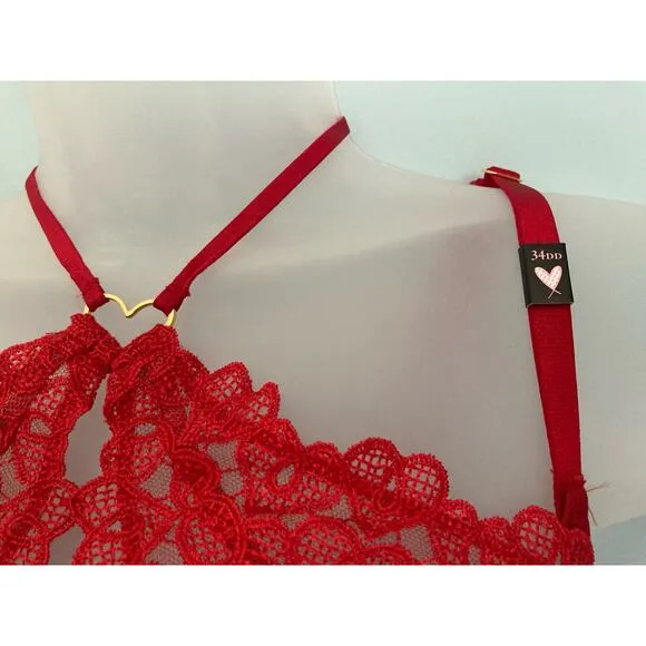 Victoria's Secret Dream Angels Bra 34DD Red Hearts Lace