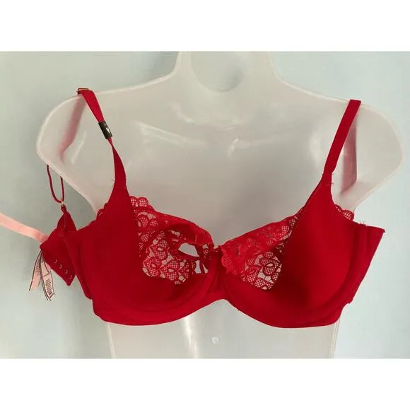 Victoria's Secret Dream Angels Bra 34DD Red Hearts Lace